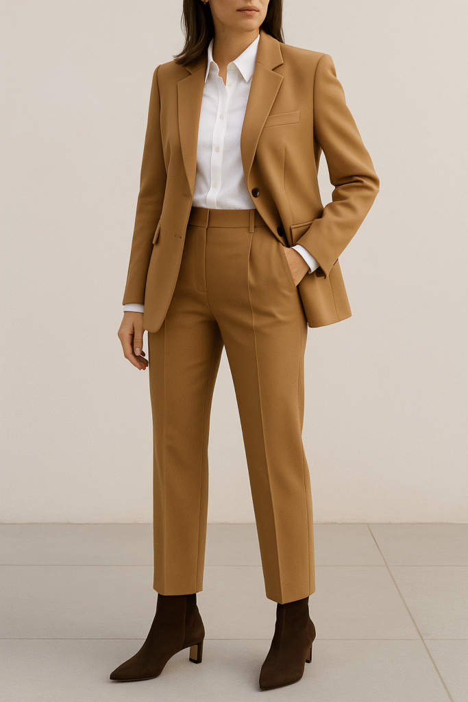 Professional fall workwear with camel blazer, tailored trousers, and ankle boots