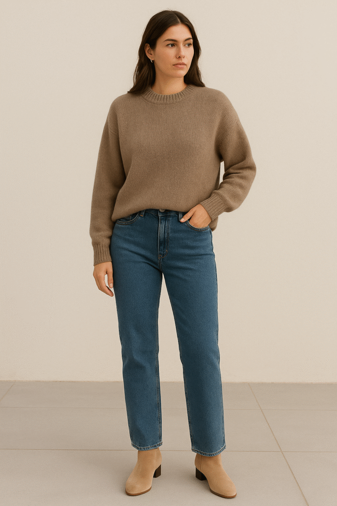 Casual weekend outfit with oversized knit sweater and straight-leg denim.”