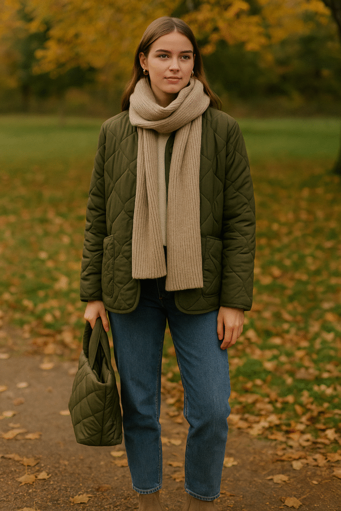 Outdoor fall look with quilted jacket, cozy scarf, and casual boots.