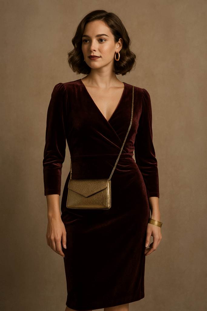 Elegant evening fall outfit with velvet dress and metallic accessories.