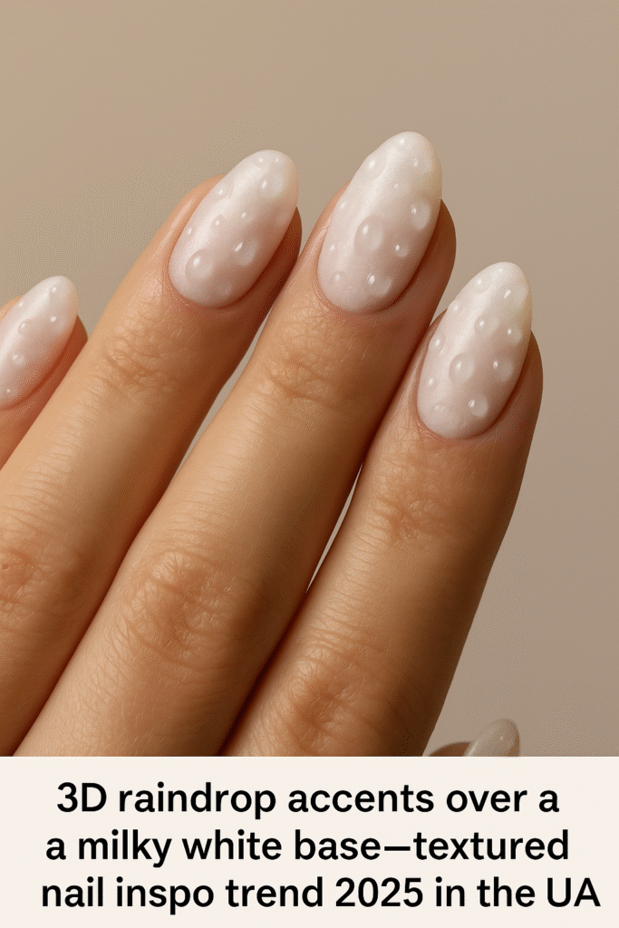 D raindrop accents over a milky white base—textured nail inspo trend 2025 in the USA.