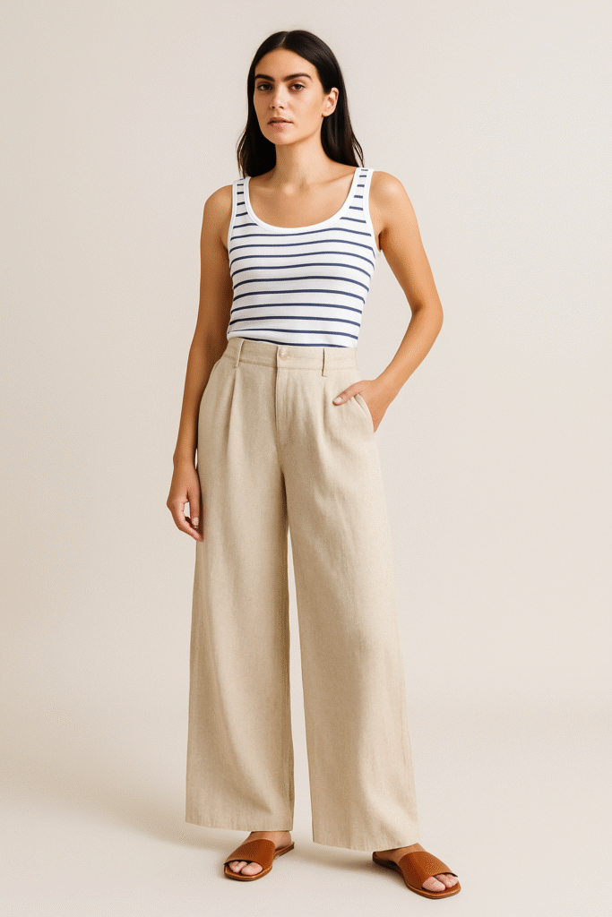 Madewell Zoe relaxed wide-leg linen pants styled with striped tank and leather slides.