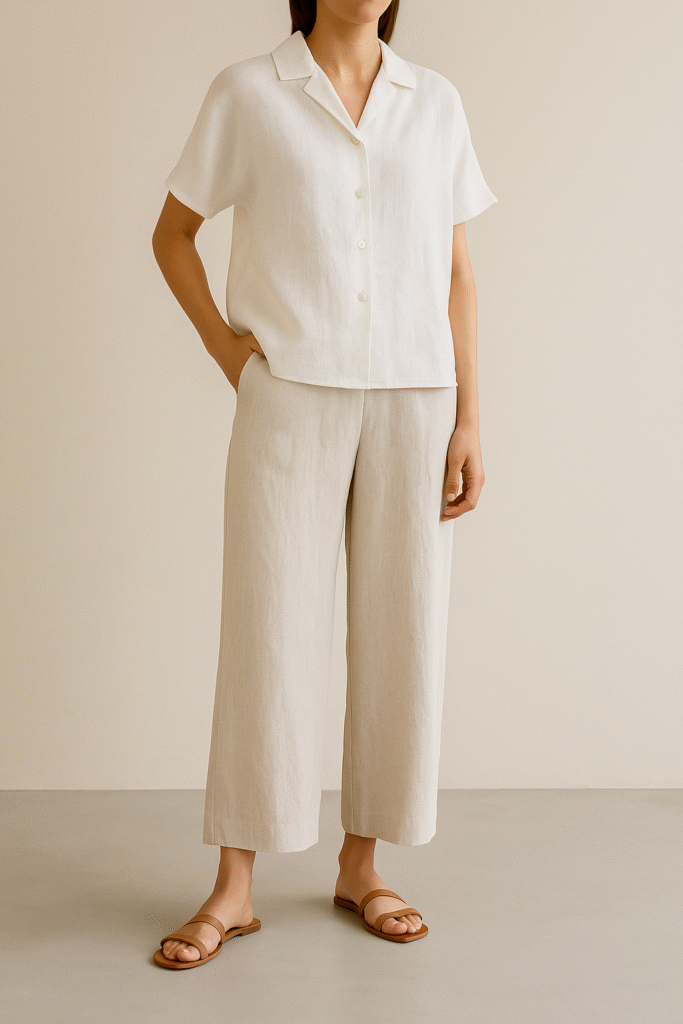 Minimalist outfit with Eileen Fisher ankle-length wide-leg linen pants and flat sandals
