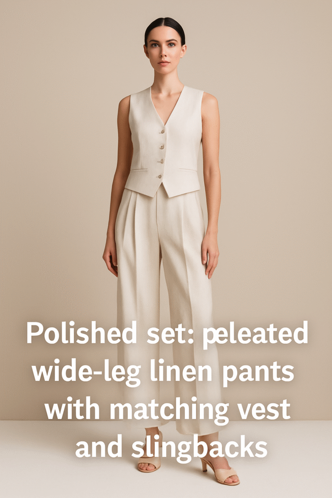 Polished set: pleated wide-leg linen pants with matching vest and slingbacks