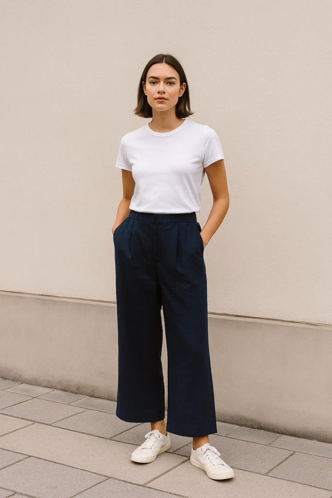 Navy wide-leg linen pants with tucked white tee and classic sneakers.