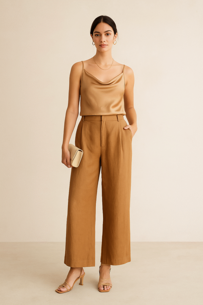 Camel wide-leg linen pants with satin camisole and heels for date-night.