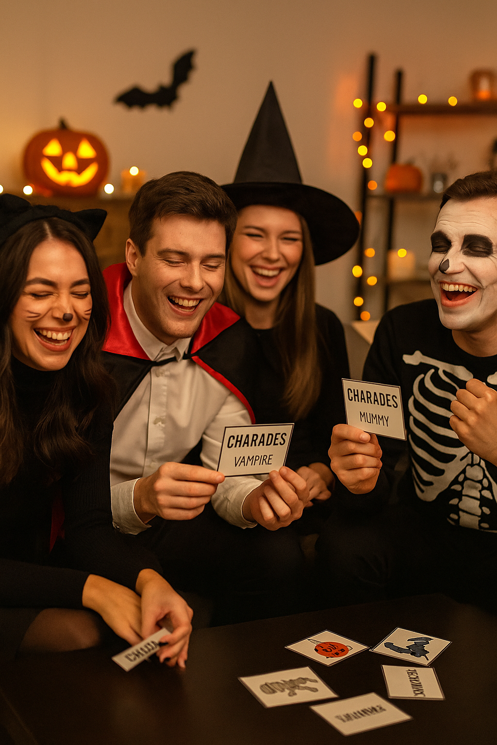 Friends laughing while playing a Halloween charades game with themed cards.
