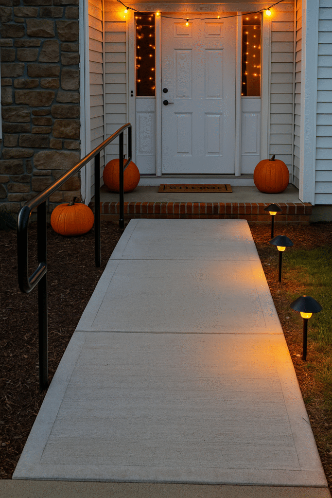 An accessible entryway with ramp, bright path lights, and a wide doorway for inclusive party access.