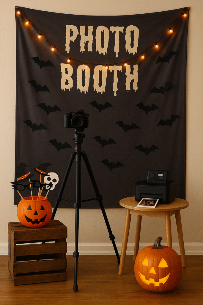 A hosted photo booth with a backdrop, tripod, props, and a small printer on a side table.
