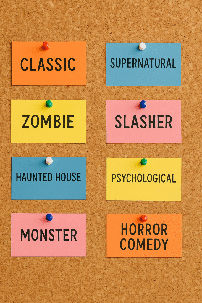A corkboard with color-coded index cards for different horror sub-genres.