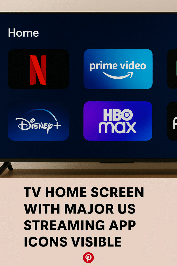 A TV home screen with major US streaming app icons visible