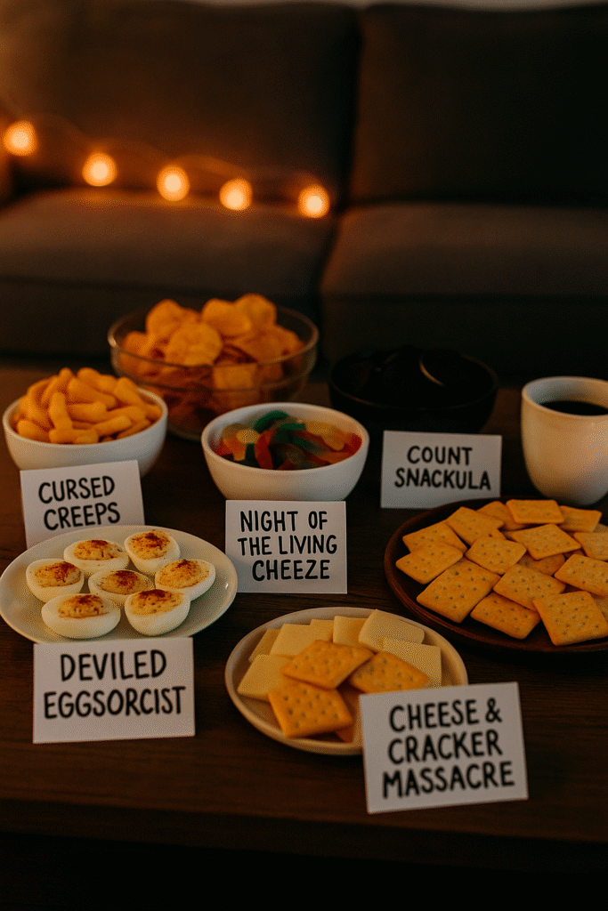 A coffee table covered with themed snacks labeled with punny horror names.