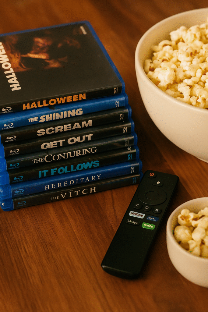 A stack of Blu-rays next to a streaming remote and popcorn bowl.