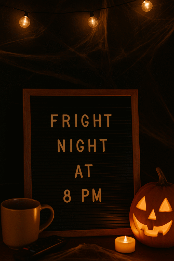 String lights, faux cobwebs, and a letterboard sign that reads “Fright Night at 8 PM.”