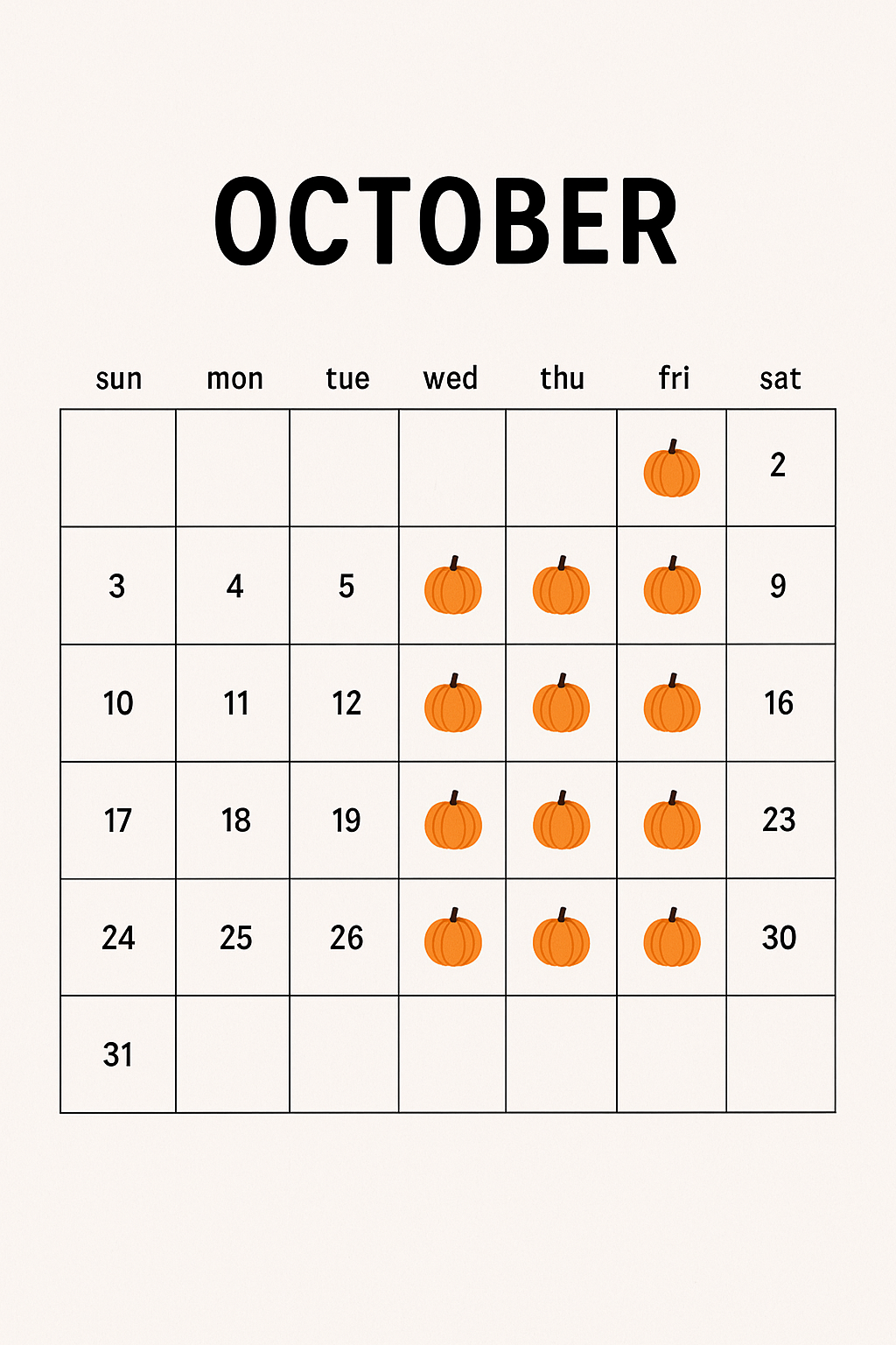 A calendar page for October with pumpkins drawn on 13 selected dates.