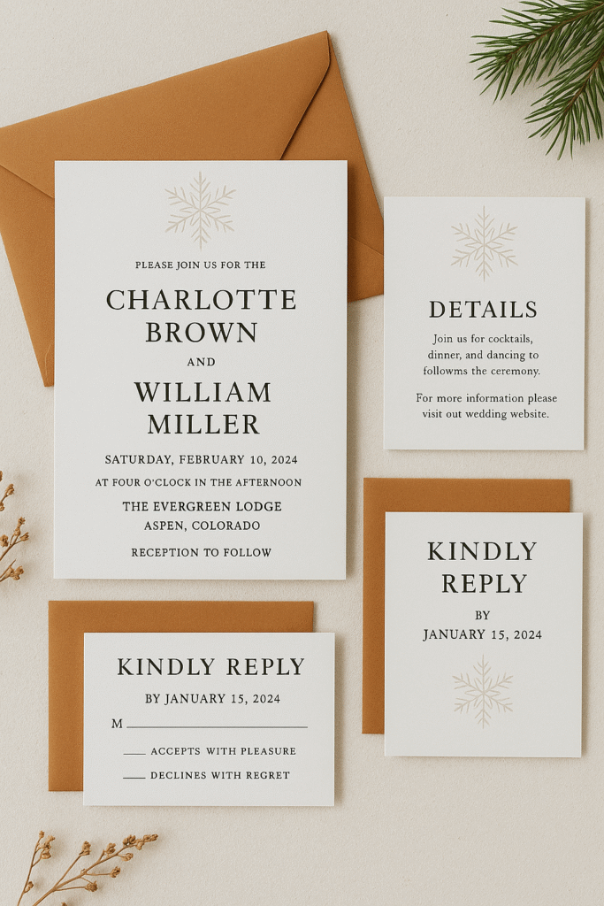 Elegant winter wedding invitation suite with snowflake design and warm-toned envelopes