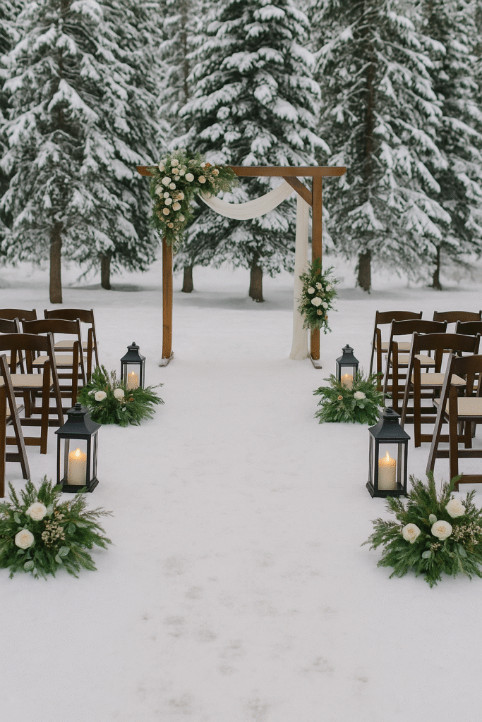Winter wedding aisle lined with lanterns and evergreen floral arrangements