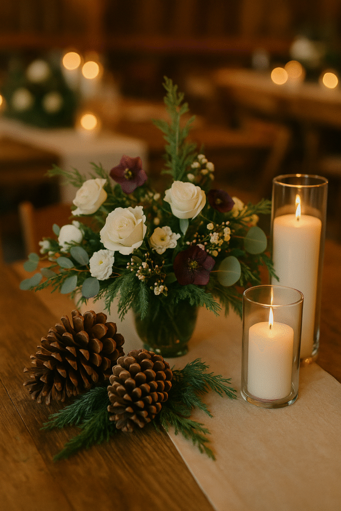 Table centerpiece with pinecones, candles, and seasonal florals for a winter wedding