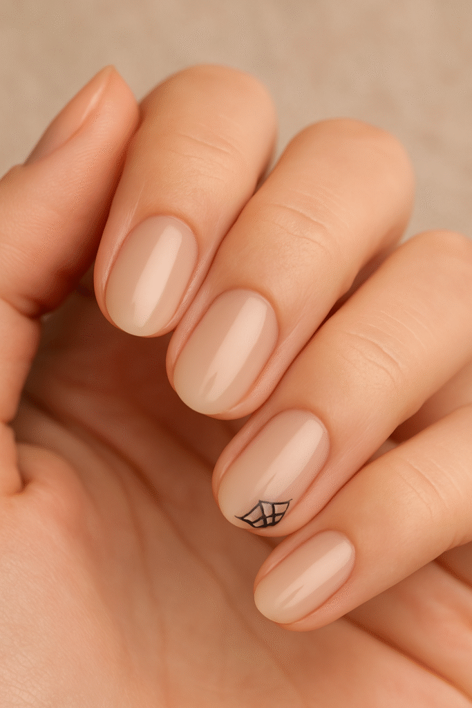 Neutral manicure with a single accent nail featuring a minimalist spiderweb near the cuticle
