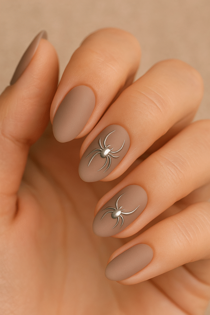 Salon-ready almond nails with matte base and chrome spider accents, perfect for Halloween nail art