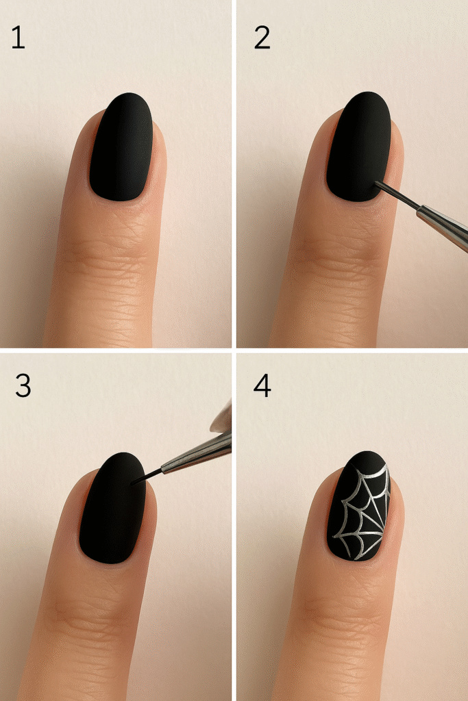 Step-by-step Halloween nails tutorial showing a chrome spiderweb accent nail on a matte black base
