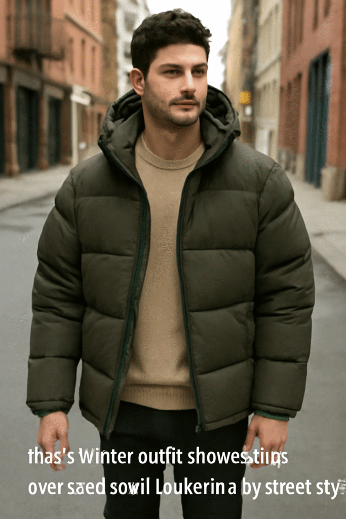 Men's winter outfit showcasing oversized down jacket in city street style