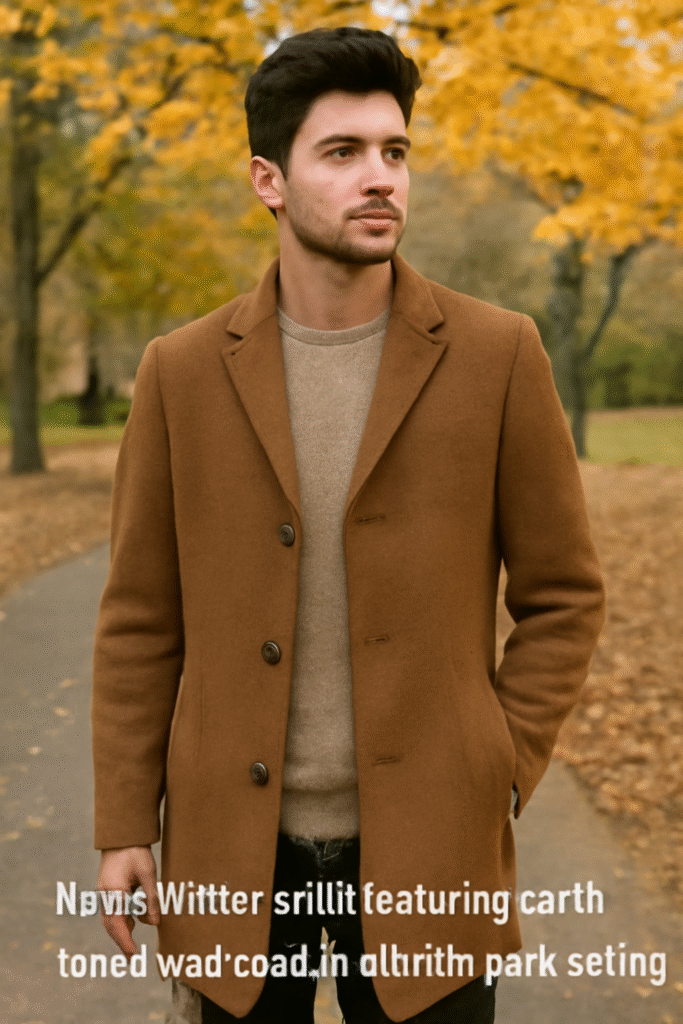 Men's winter outfit featuring earth-toned wool coat in autumn park setting