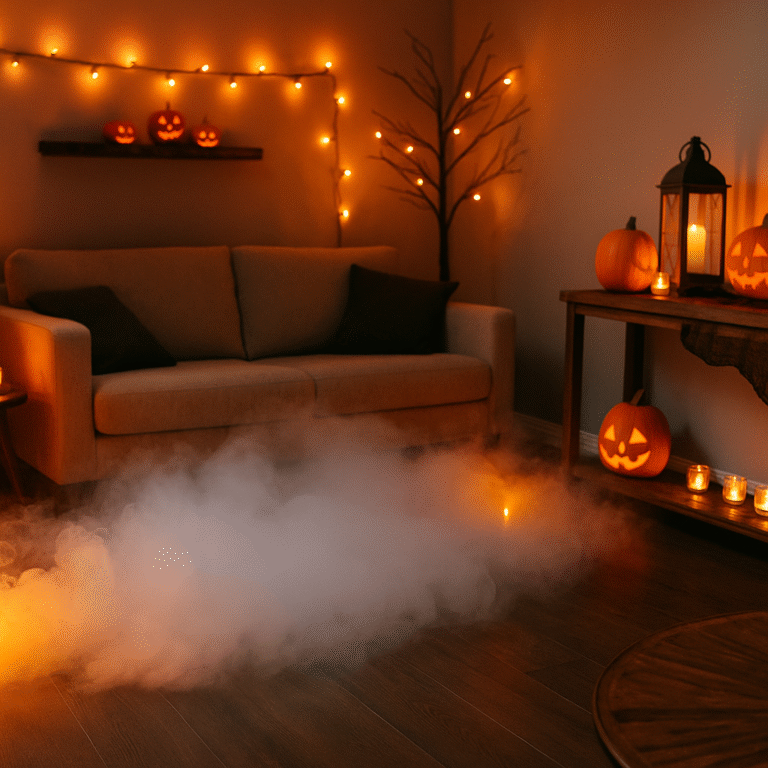 Living room with layered lighting: string lights, lanterns, and a fog machine effect.