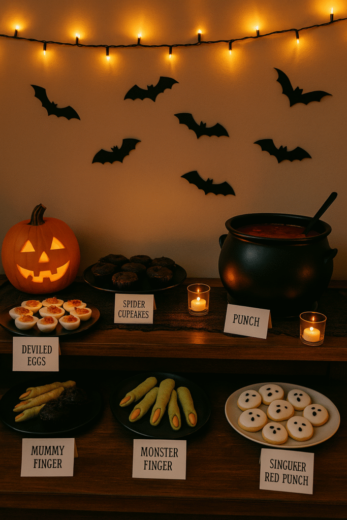 A buffet table with labeled spooky snacks and a signature red punch in a cauldron.